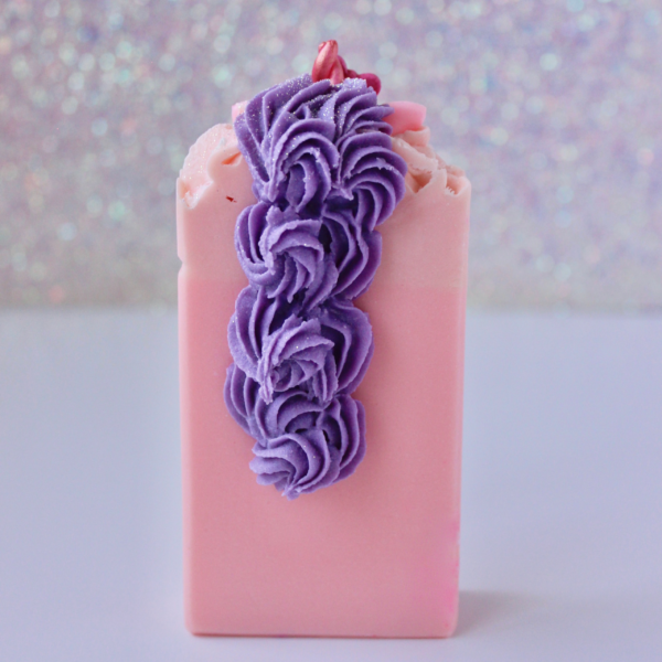 Back of Pink Unicorn Soap with purple piped hair