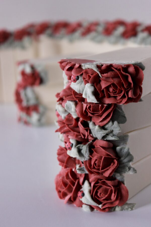 cut bars with Red piped Soap roses with green leaves and candy sprinkle lady bug