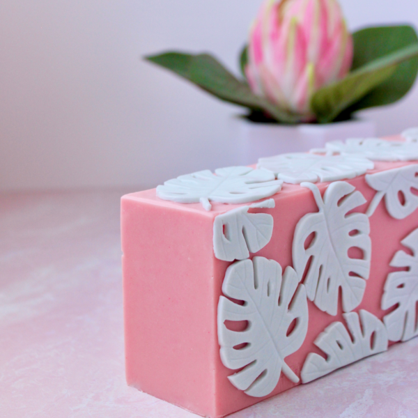 Pink Soap with pale blue soap dough palm leaves on sides