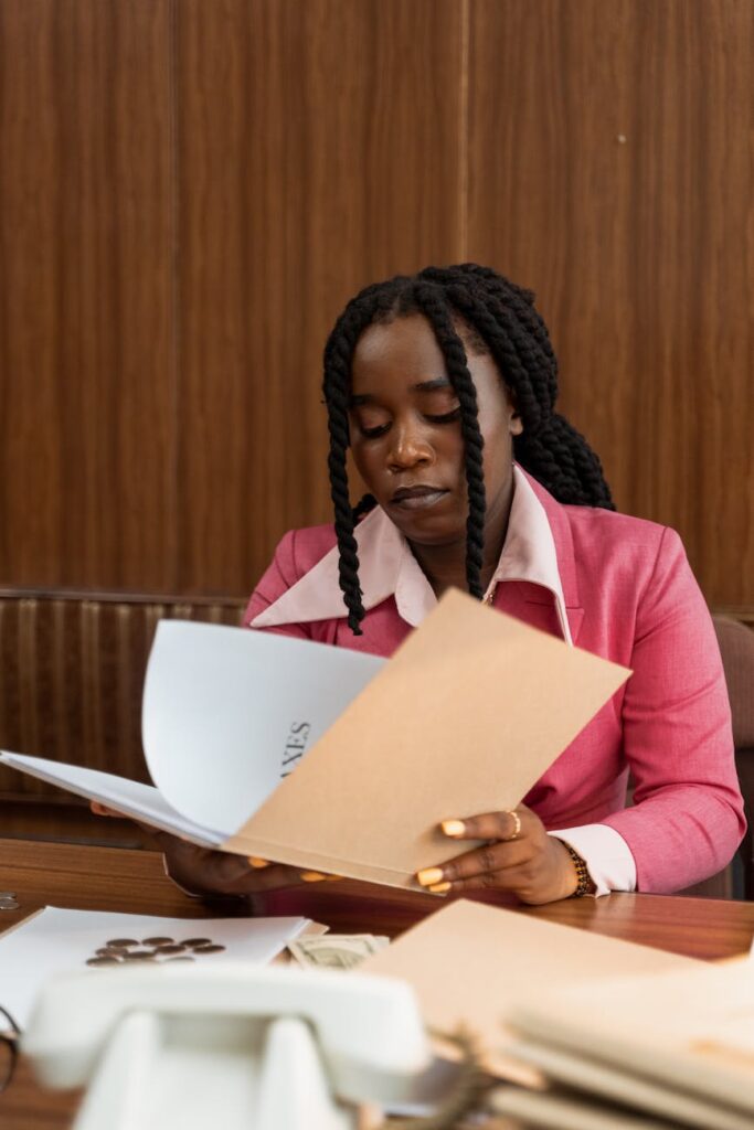 a businesswoman reading a document