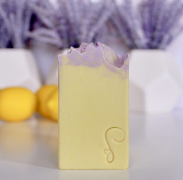 yellow lemon lavender bar with lemons and lavender in the background